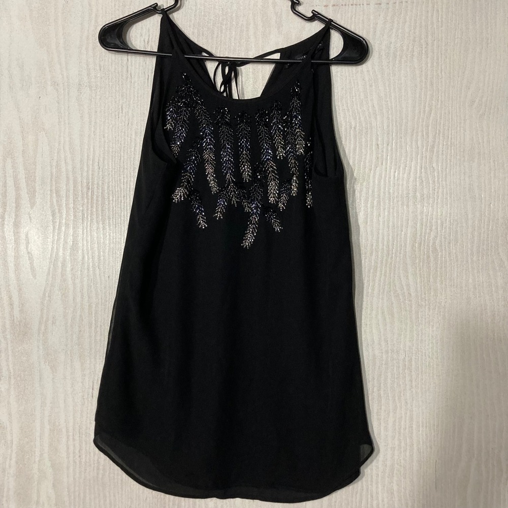 White House Black Market Beaded Top Womens 0 Black NWT Feather Embellished Shell